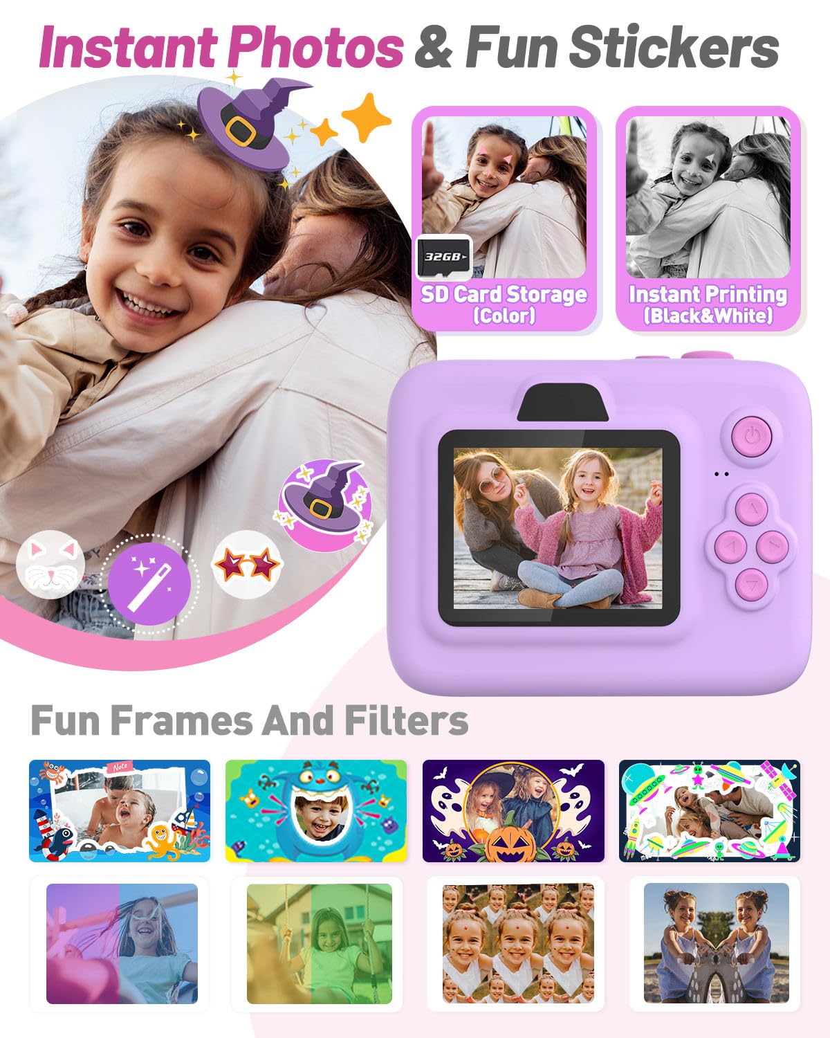 Yehtta Instant Print Camera For Kids, Christmas Birthday Gifts For 3 12 Year Old Girls Boys, 2.4In Screen 1080P Video Digital Ca