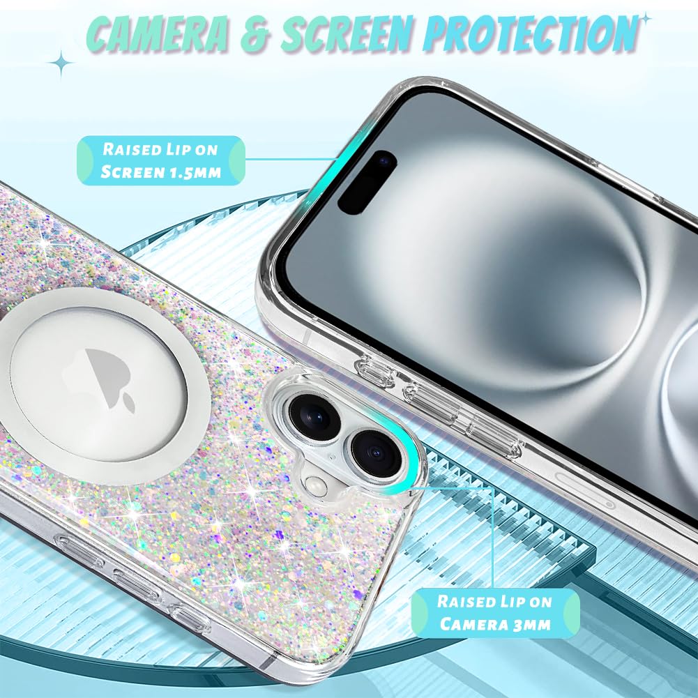 Bonoma For Iphone 16 Case, Sparkly Glitter Bling Back, Magnetic Support For Magsafe Shockproof Case, Crystal And Clear High Duty