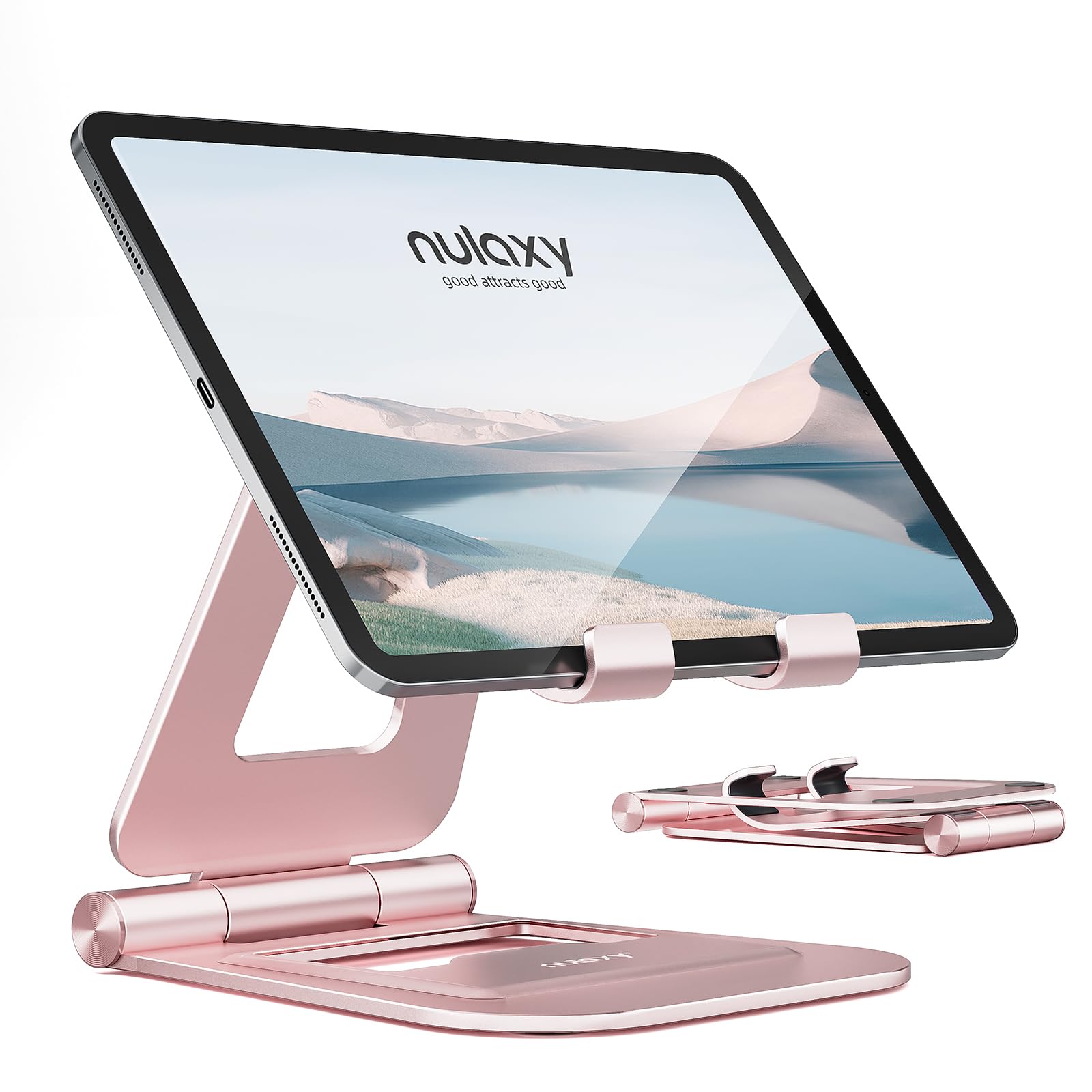Nulaxy Aluminum Dual Foldable Ipad Stand, Fully Adjustable Desktop Tablet Holder, Ipad Accessories For Office Kindle Compatible With Mobile Devices Ipad Pro/Air/Mini, Iphone Pro/Max/Plus, Rose Gold