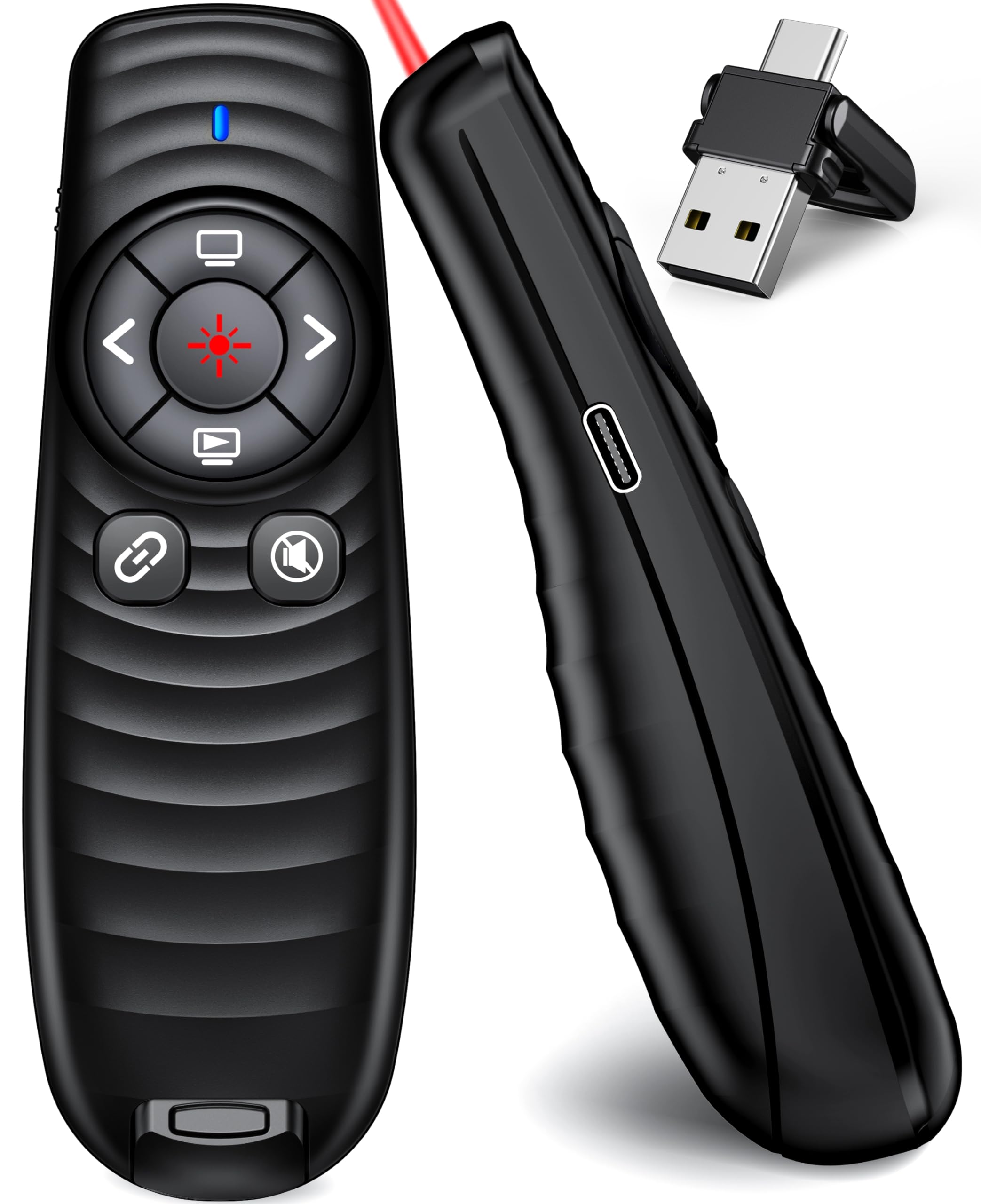 2-in-1 USB-C Wireless Presentation Clicker, 2.4GHz Slide Clicker with Volume Control & Hyperlink, Pointer for Mac Laptop Compute