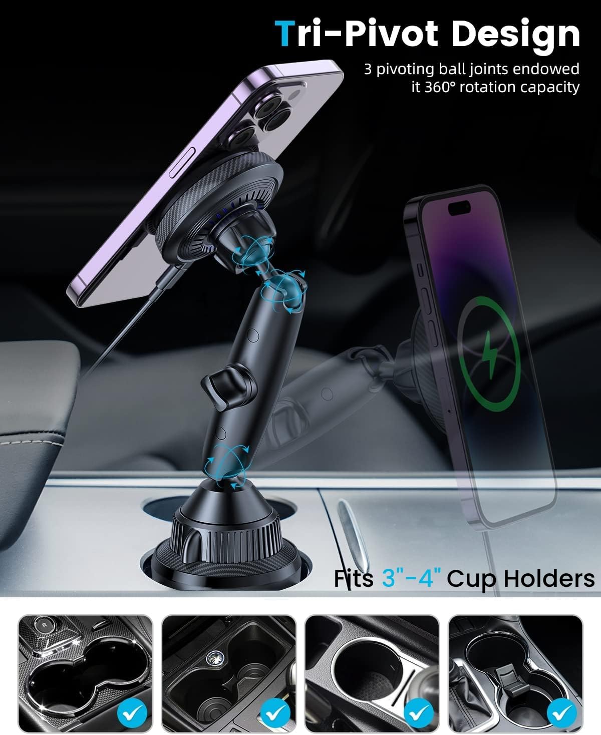 Apps2Car For Magsafe Car Mount Charger Tri-Pivot Magnetic Wireless Cup Holder Phone Mount For Car Truck With Cooling Fan Fast Ch