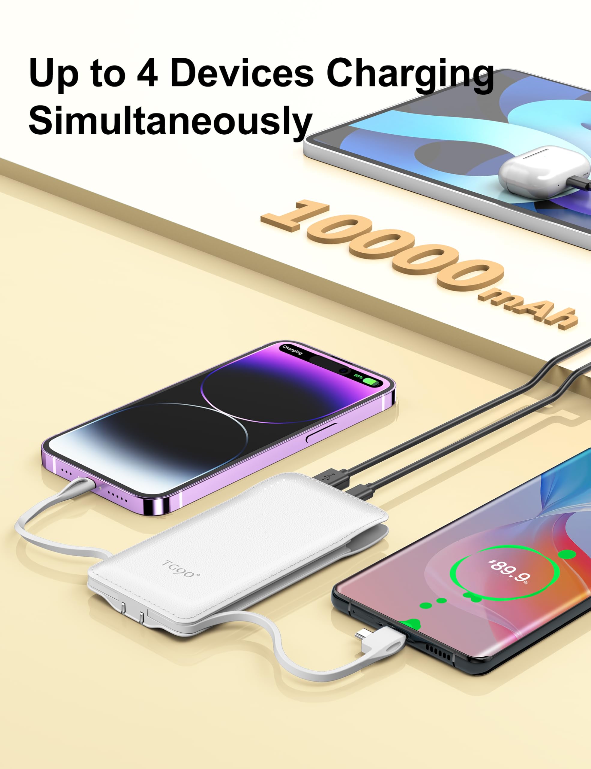 Tg90 Portable Charger Power Bank With Built In Foldable Ac Wall Plug And Cables,10000Mah Usb C External Battery Charger Compatib