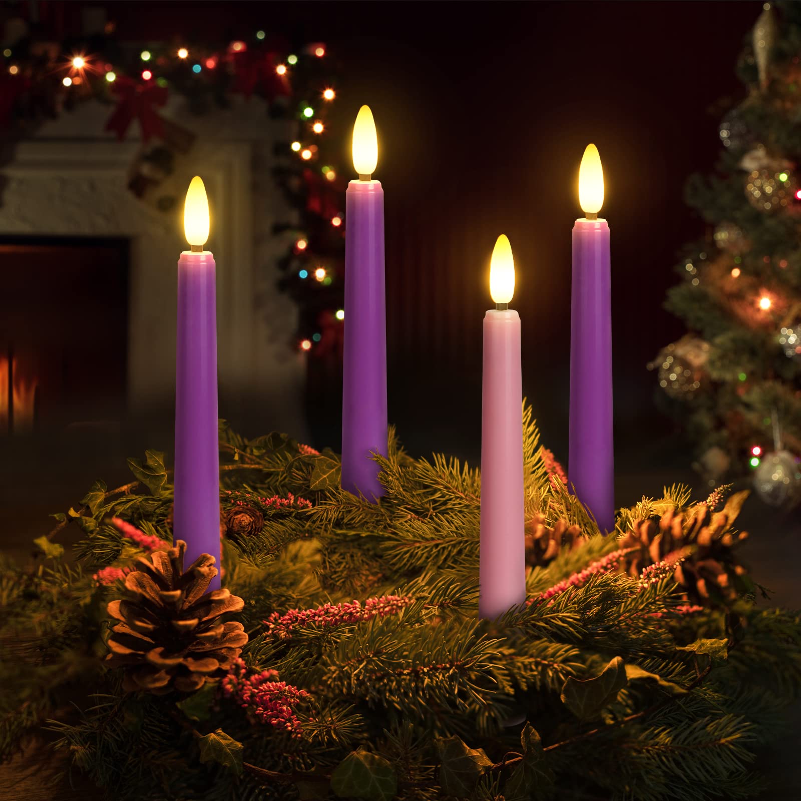 Daord 7.9'' Advent Taper Candles Set Of 4 Christmas Led Flameless Long Candle 3 Purple And 1 Pink For Advent Rituals Festival An