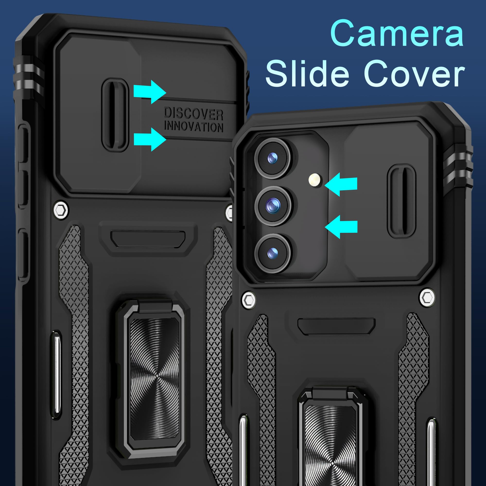 Deerlamn Case For Samsung Galaxy S24 Fe With Slide Camera Cover+Screen Protector(1 Pack), Rotated Ring Kickstand Military Grade