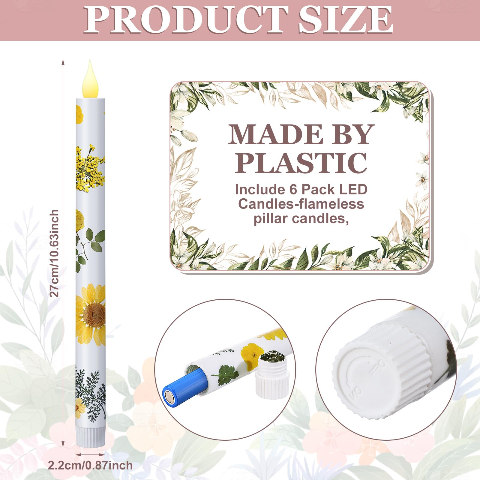 Nuanchu 6 Pcs Floral Taper Candles 10.6 Inch Pastel Flameless Candles Colored Battery Operated Dried Flower Candlestick Led Pres