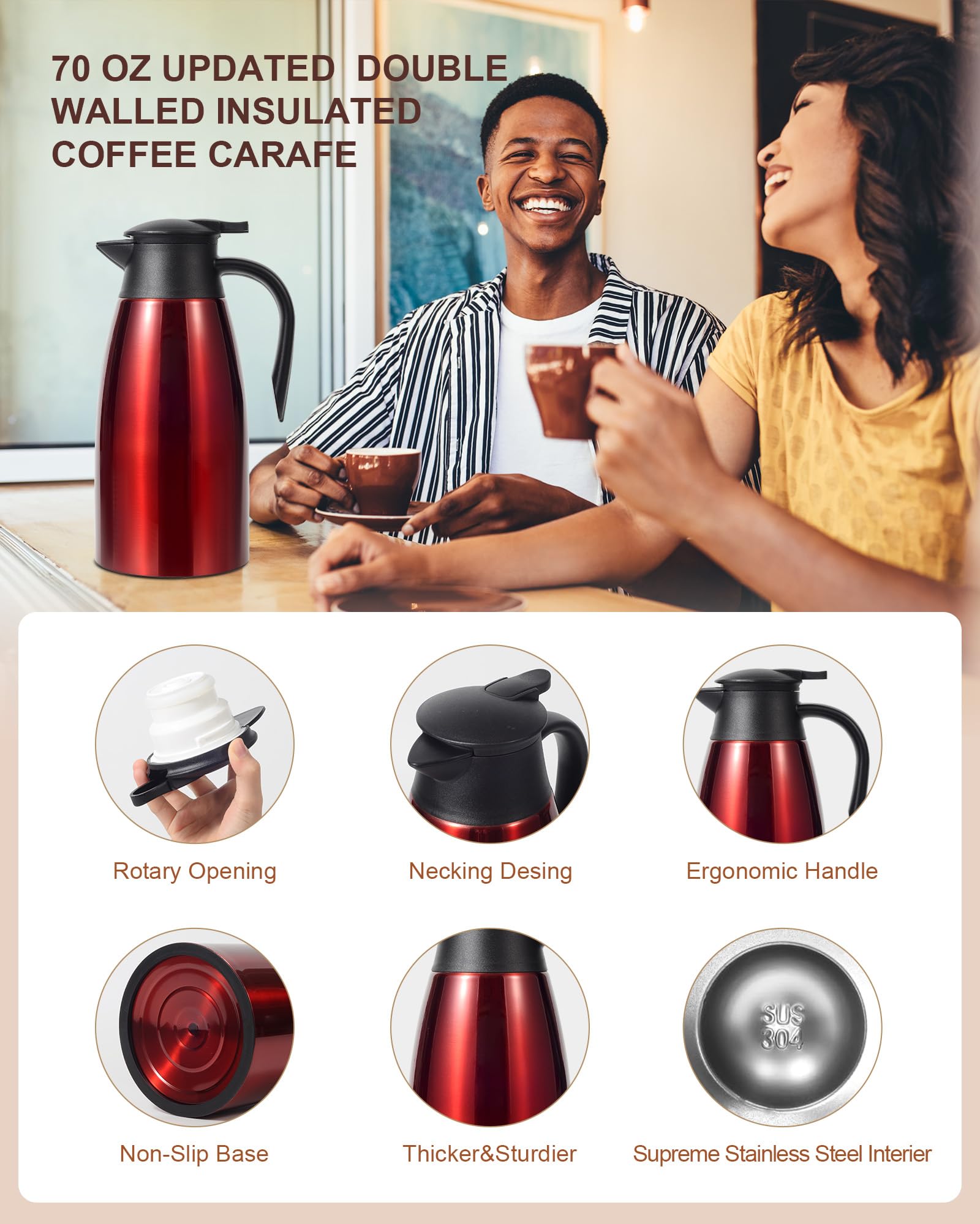 70Oz Thermal Coffee Carafe, Updated Insulated Stainless Steel Coffee Carafes For Keeping Hot Coffee & Tea Hot Beverage 12Hours,