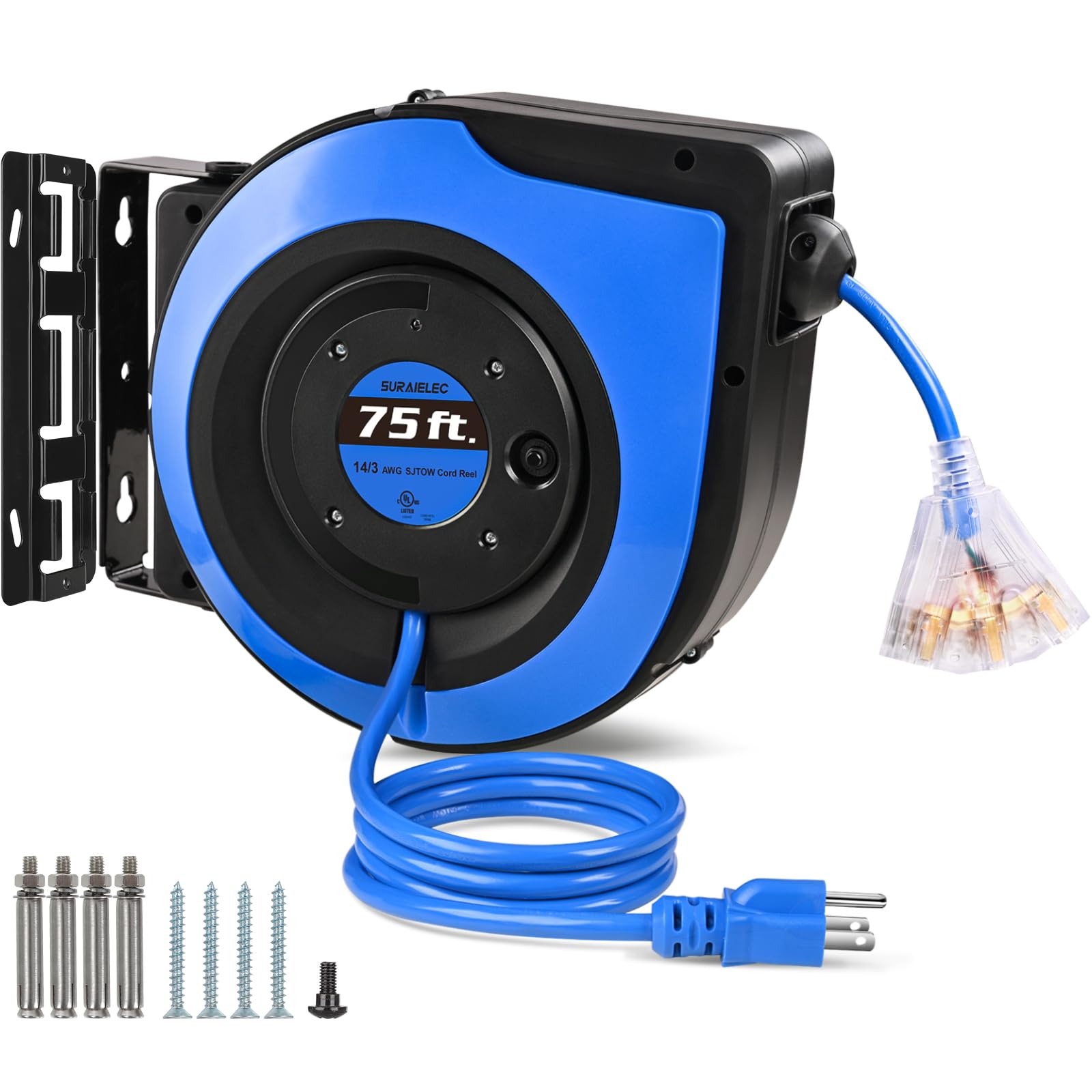 Suraielec Retractable Extension Cord Reel, 75 Ft 14 Awg/3C Sjtow Power Cord, 3 Outlets Triple Tap, 10 Amp Circuit Breaker, Ceili
