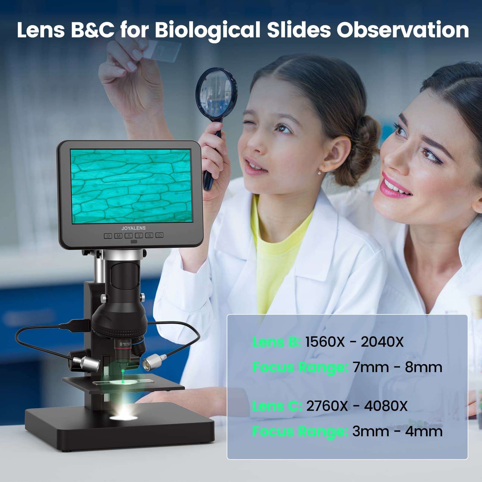 Joyalens Jl246Ps 3 Lens Hdmi Digital Microscope, Uhd 4000   24Mp Biological Microscope With Prepared Slides, Coin Microscope For