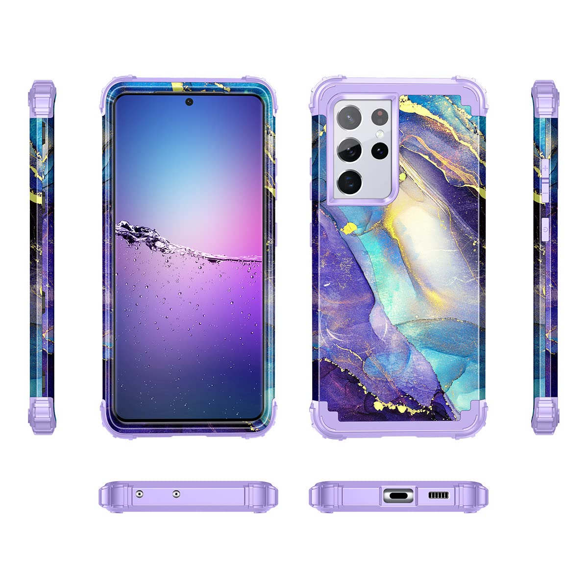 Rancase Phone Case for Samsung Galaxy S21 Ultra 5G Three Layer Heavy Duty Shockproof Hard Plastic Silicone Amethyst Purple 6.8 inch