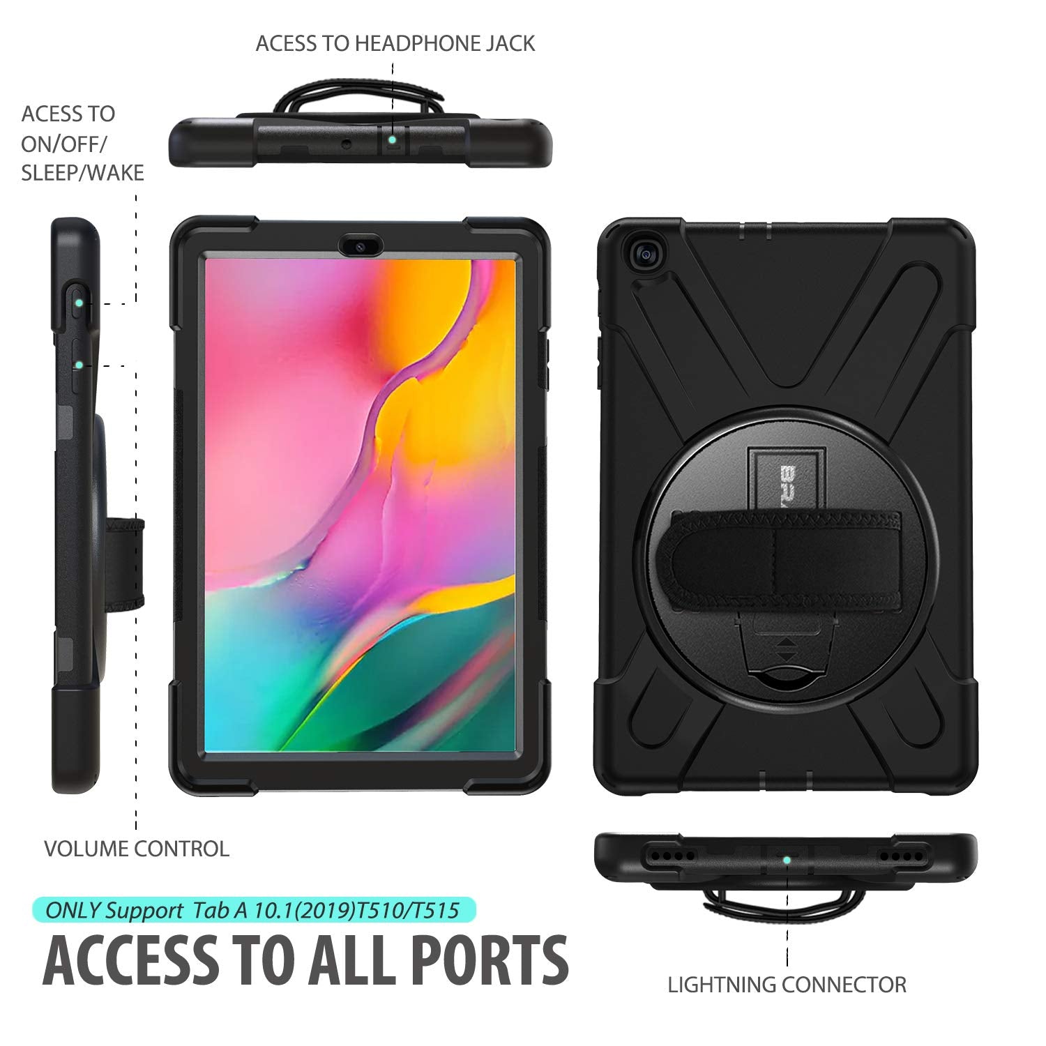 Braecn For Galaxy Tab A 10.1 2019 Case, Heavy Duty Shockproof Rugged Case With 360 Degree Rotating Hand Strap/Stand And Shoulder