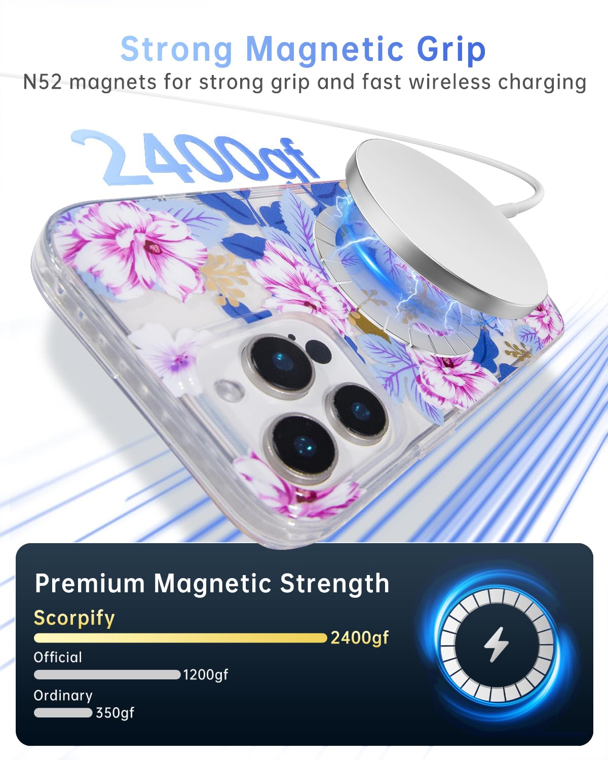 Scorpify For Iphone 16 Pro Max Case [Compatible With Magsafe] With Purple Hibiscus Floral Design, Cute Clear Flower Magnetic Pho