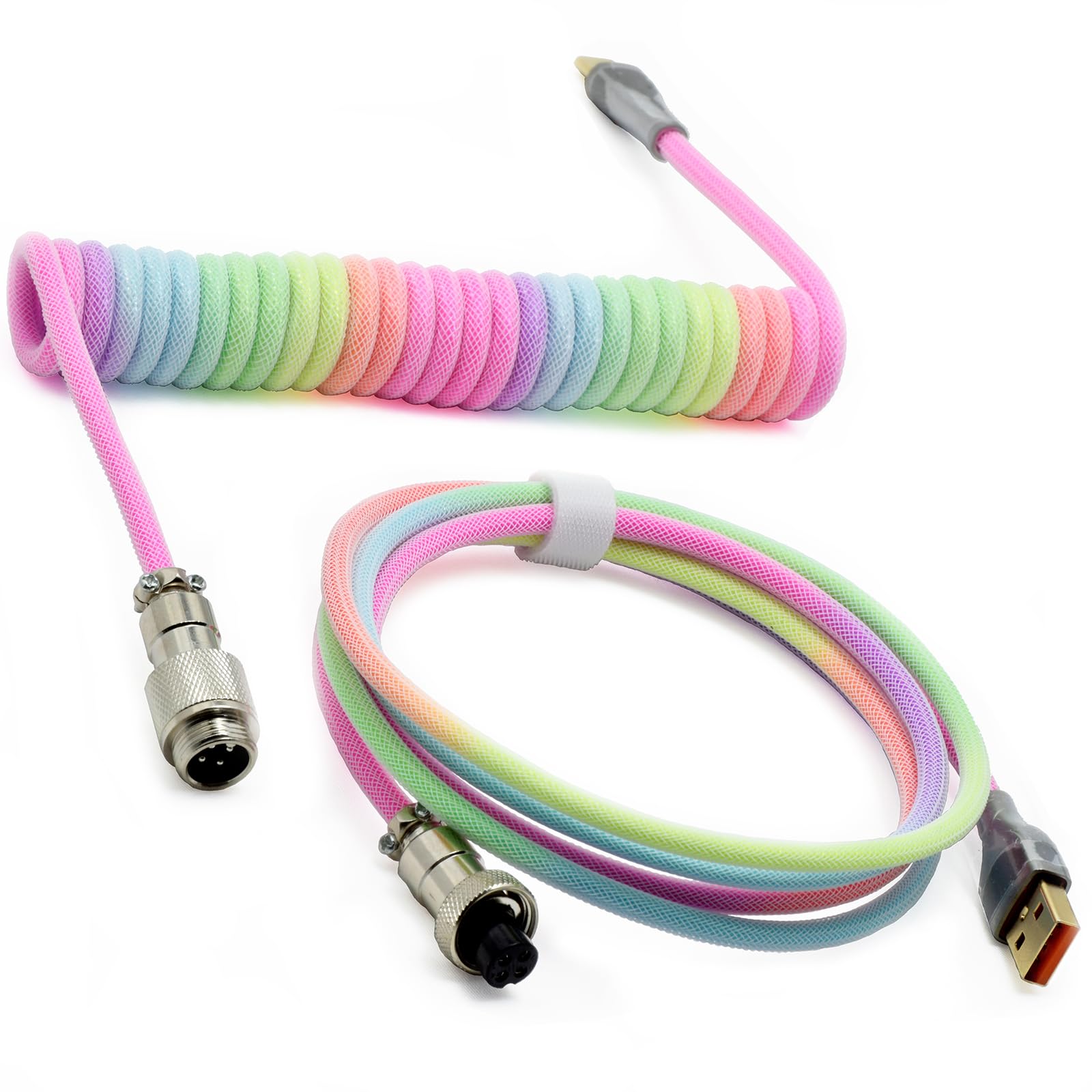 Zdawnn Braided Keyboard Cables 1.5M Coiled Type C To Usb A With Detachable Aviator Connector.For Gaming Keyboard/Tablet (Rainbow