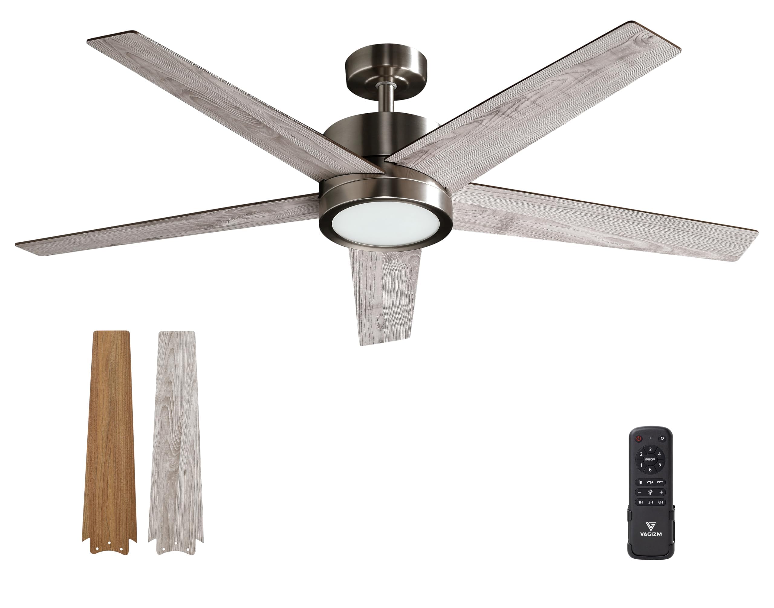 VAGIZM 52 Inch Ceiling Fan Brushed Nickel Remote Controlled Dimmable Light Combo - Quiet Reversible DC Motor - 5 Blades