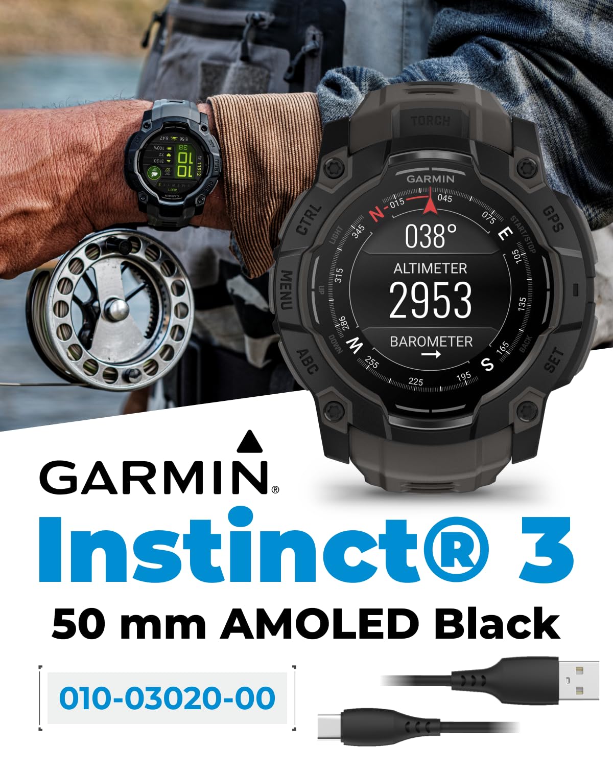 Wearable4U Garmin Instinct 3 50 Mm, Amoled Display, Rugged Outdoor Gps Smartwatch, Metal Reinforced Bezel, Built In Flashlight,