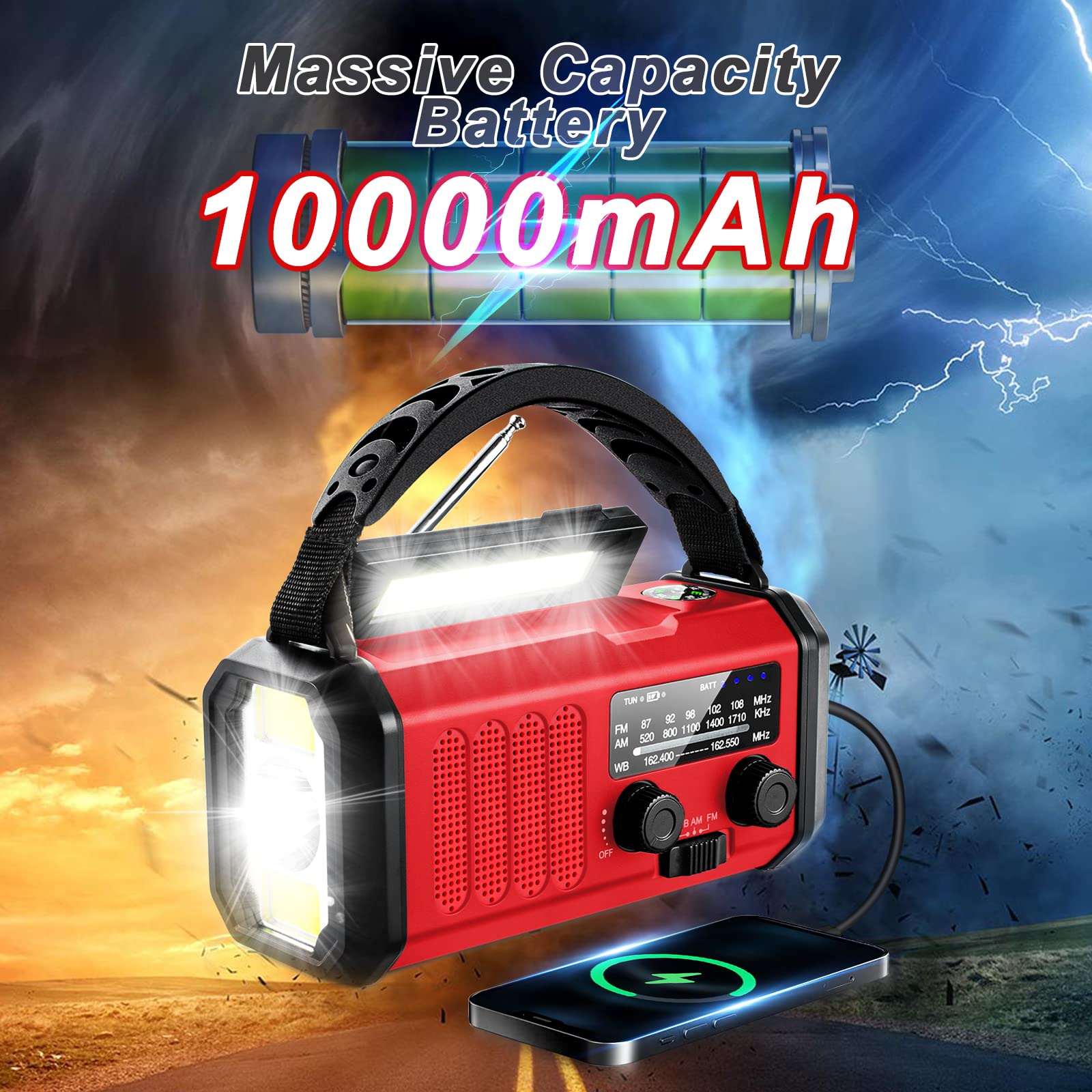 Emergency Radio,10000Mah Solar Radio, Hand Crank Radio, Noaa/Am/Fm Weather Radio, Usb Type C Charging,Dynamo Radio,Polymer Batte