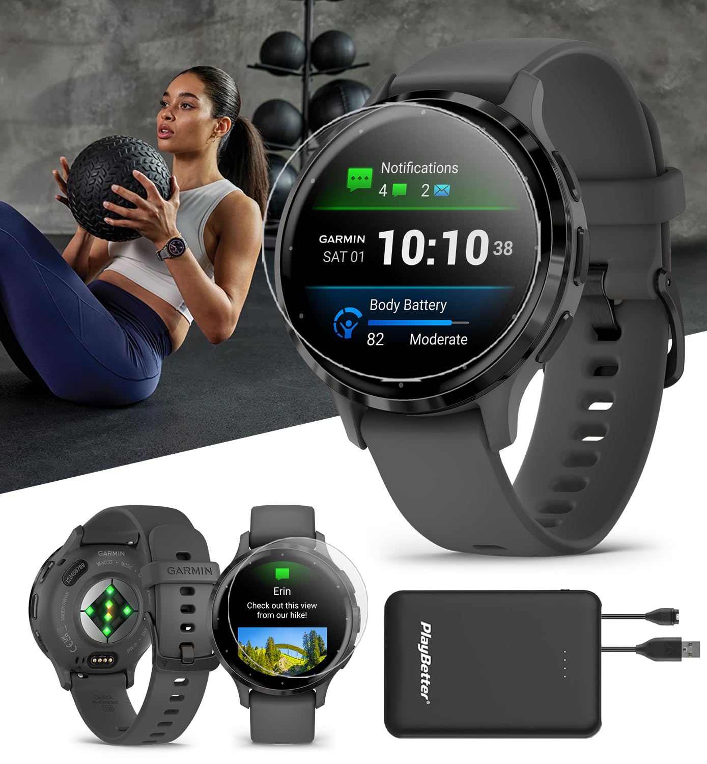 Playbetter Garmin Venu 3S (Slate/Pebble Gray) Fitness Gps Smartwatch Bundle - Amoled Touchscreen, 10 Days Battery, Sleep & Recov