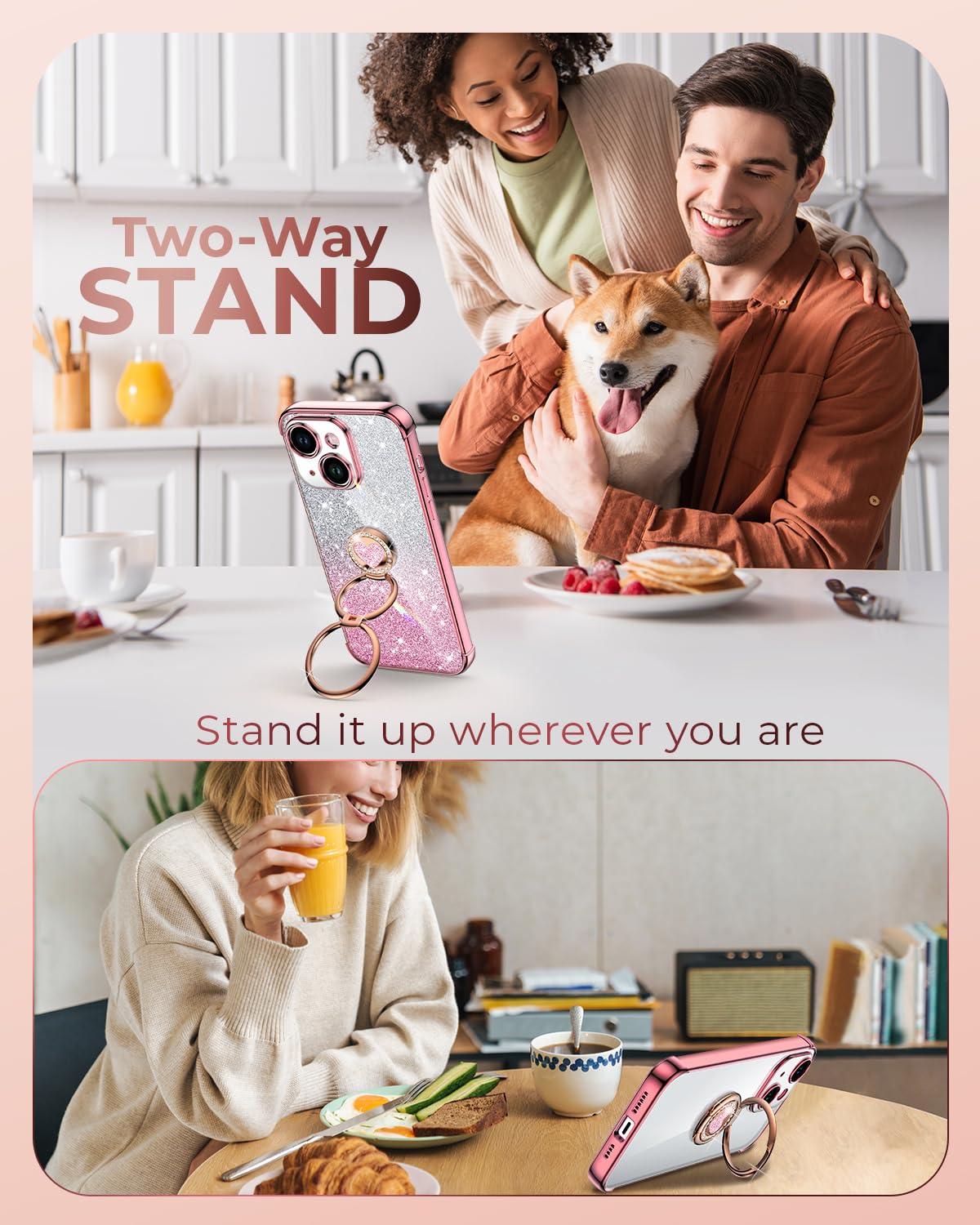 Xyz For Iphone 15 Case With Stand, Phone Case With Double Ring Kickstand, Women Girl Cute Love Heart Luxury Bling Tective Case H