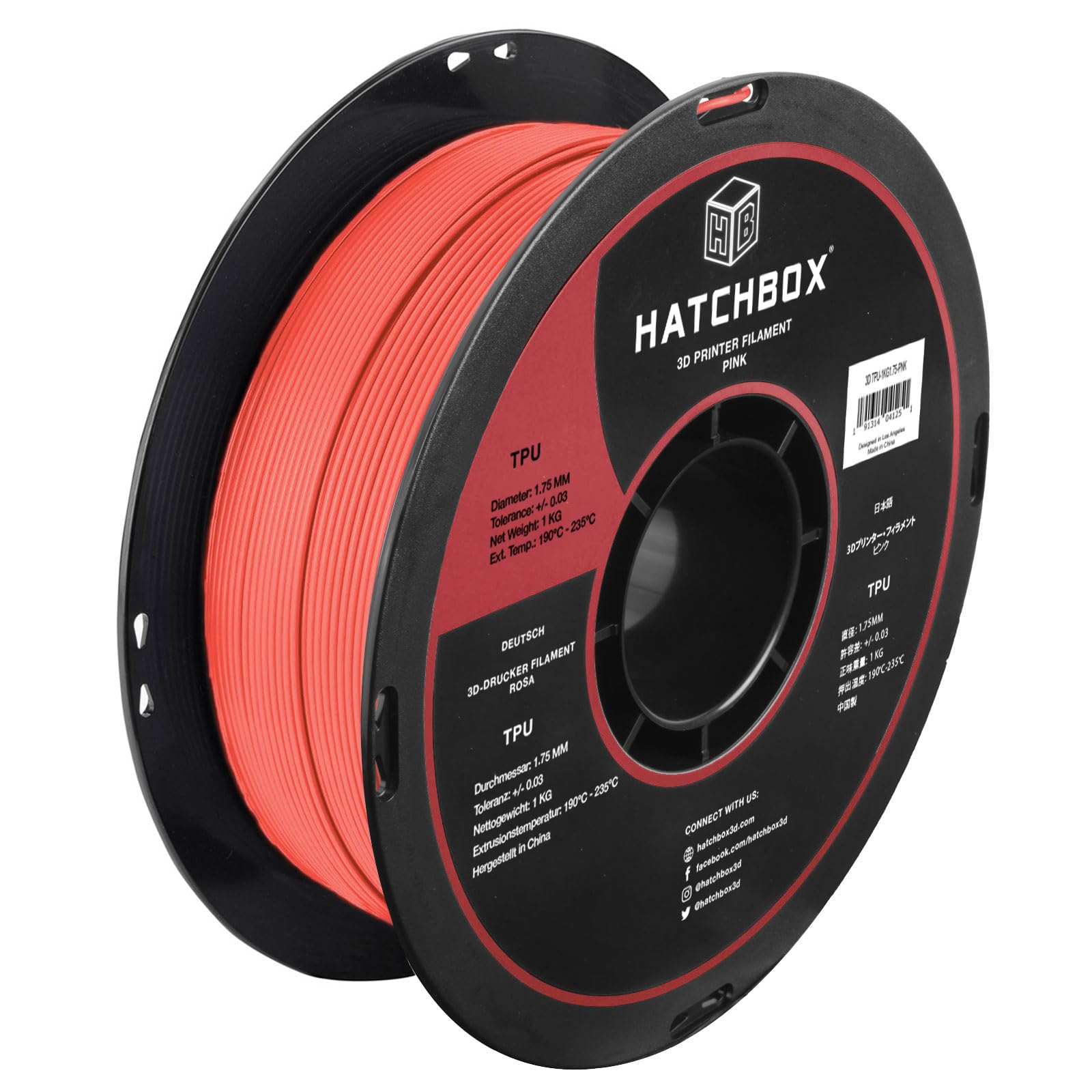 HATCHBOX 1.75mm Pink TPU 3D Printer Filament Shore 95A, 1 KG Spool, Dimensional Accuracy +/- 0.03 mm, 3D Printing Filament