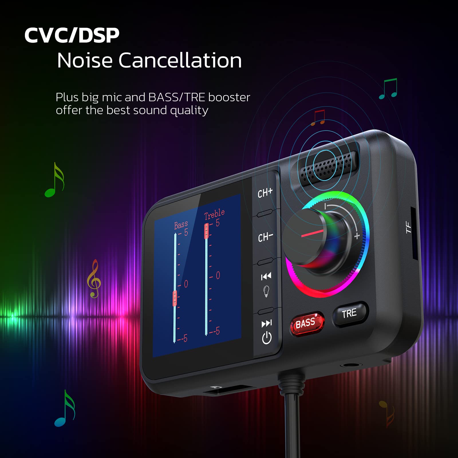 Nulaxy Bluetooth Fm Transmitter For Car, Wireless Car Bluetooth V5.0 Adapter With Big Color Screen, Support Qc3.0 Fast Charging, Hands Free Call, Mp3 Music Player Bass&Tre Booster, Tf Card Aux Km28