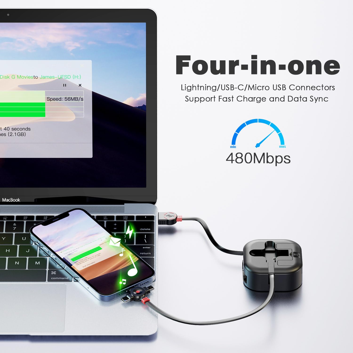 Multi Charging Cable,4.5A 4Ft/2Pack Multi Fast Charger Cable, Retractable Usb Cable, 3 In 1 Multi Charge Sync Cable With Lightni