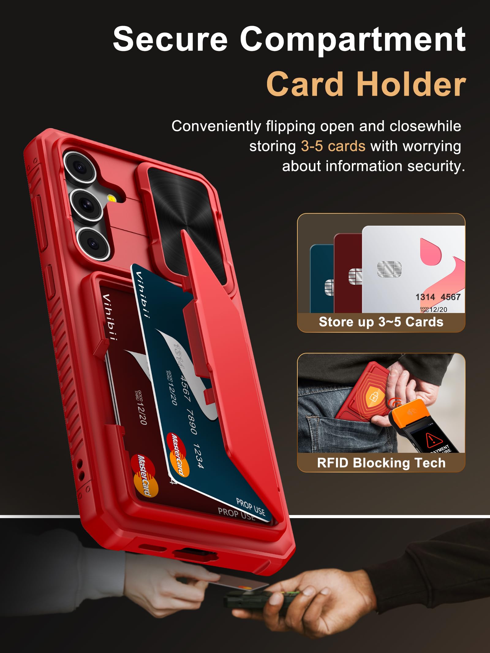 Vihibii For Samsung Galaxy S24 Fe Wallet Case With Card Holder (4 Cards) & Slide Lens Cover & Kickstand & Raised Edges Protect S