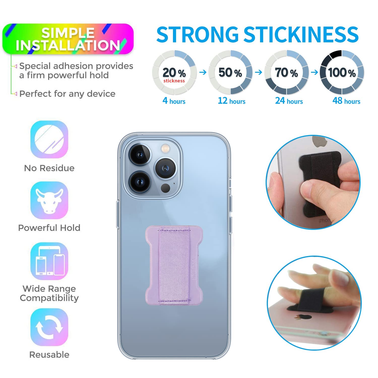 Wuoji Universal Phone Grip For Smartphones - Phone Holder For Hand - Wireless Charging Compatible - 2Pack (Purple)