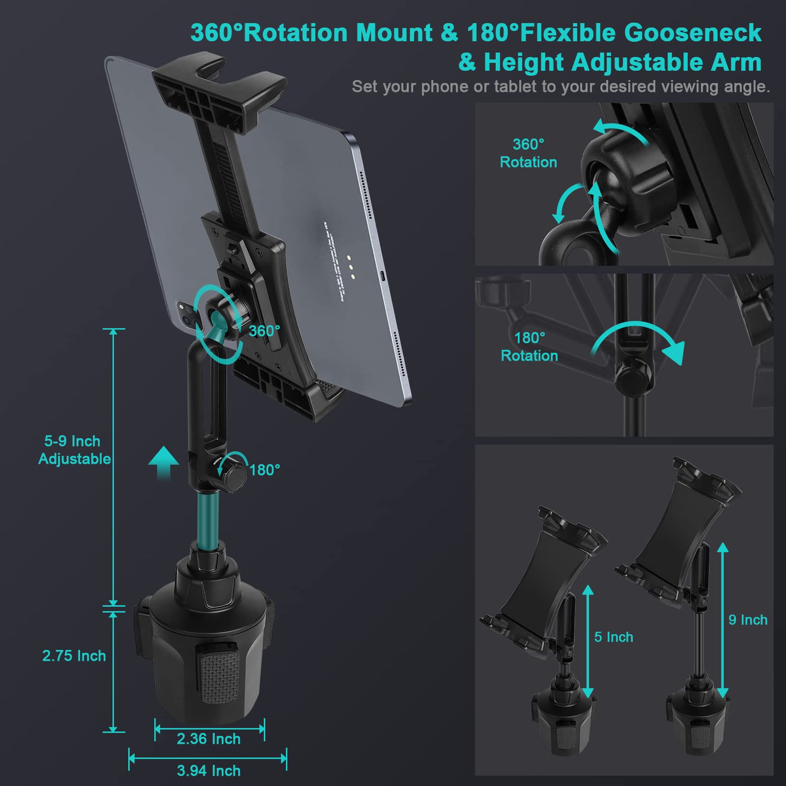 Car Cup Holder Tablet Mount & Phone Cradle Stand Truck For Ipad Pro 9.7, 11, 12.9 Air Mini 5 4 3 2, Samsung Galaxy Tabs, Iphone