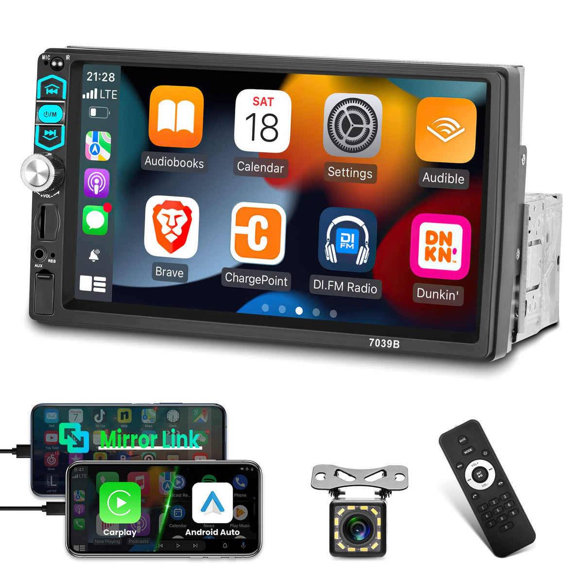 Single Din Car Stereo With Wired Carplay & Android Auto, 7 Inch Touch Screen 1 Din Radio, Mirror Link/1080P/Bluetooth/Swc/Fm Rad