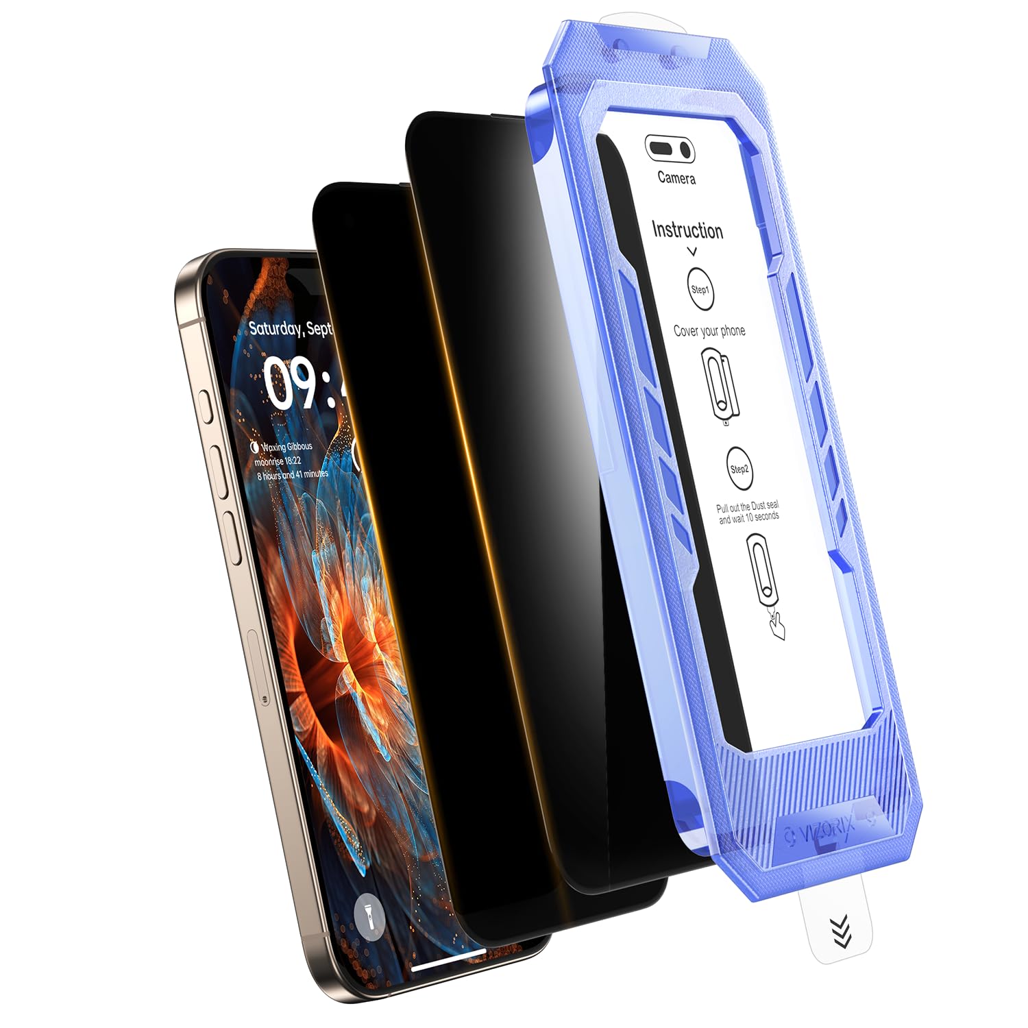 VIZORIX 2-Pack for iPhone 15 Pro Max Privacy Screen Protector,Easy to Install,Anti-spy,Auto-Dust Removal,Military Grade Protecti