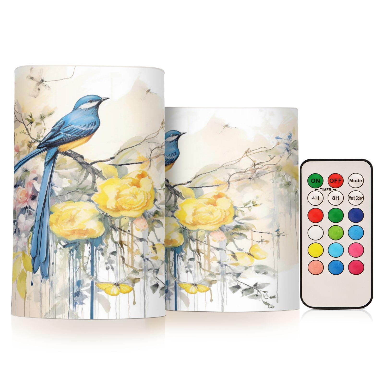Spring Blue Bird With Yellow Flowers Butterflies Flickering Flameless Candles Set