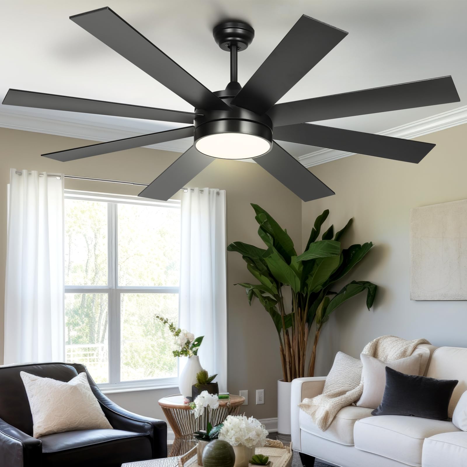 Yitahome 60 Inch Black Ceiling Fan With Lights And Remote,8 Blades,App Control, Modern Smart Ceiling Fan Compatible With Alexa F