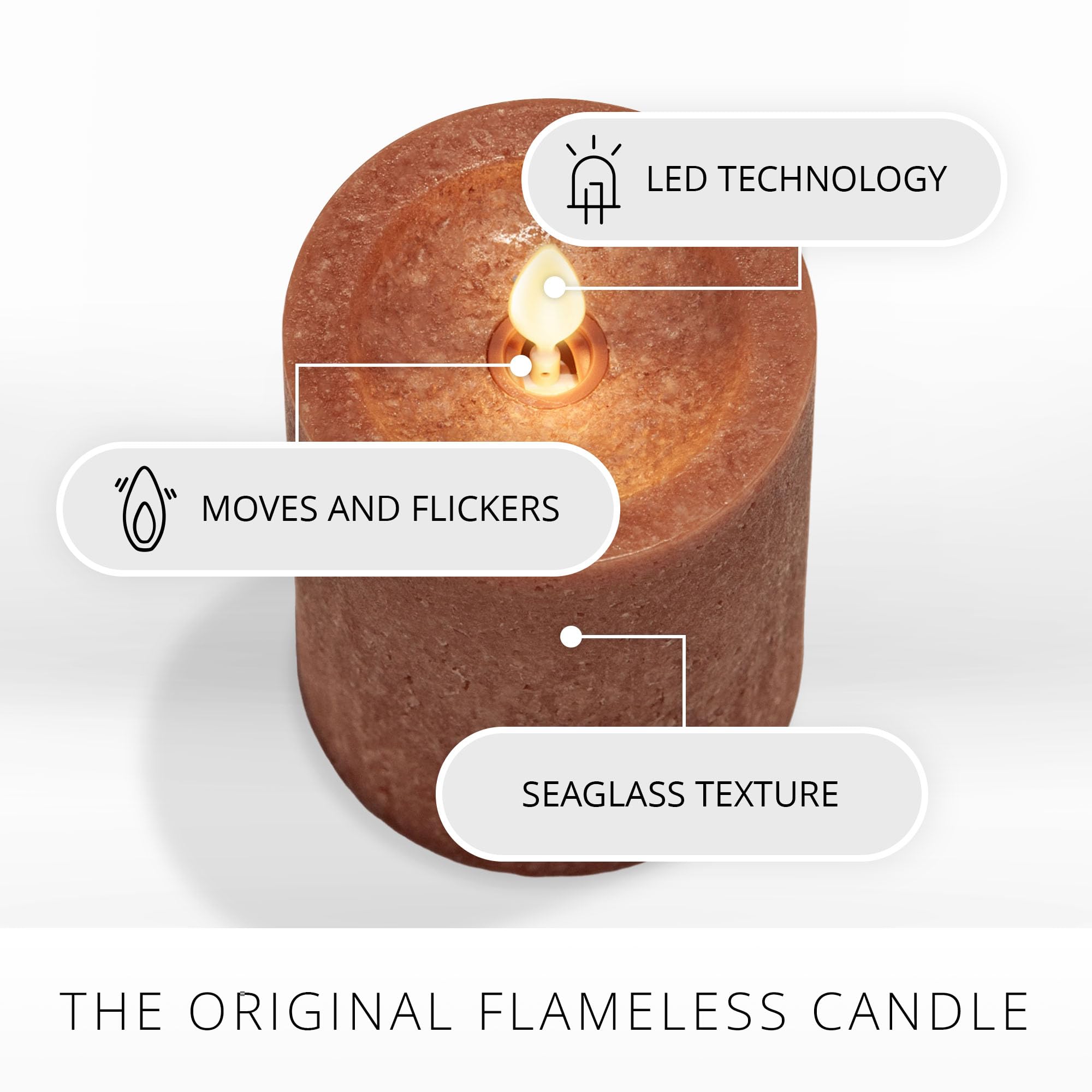 Luminara Sea Glass Flameless Candle, Adobe 3'' X 4.5'', Moving Led Flame Pillar With Timer, Battery Operated, Real Wax, Unscente
