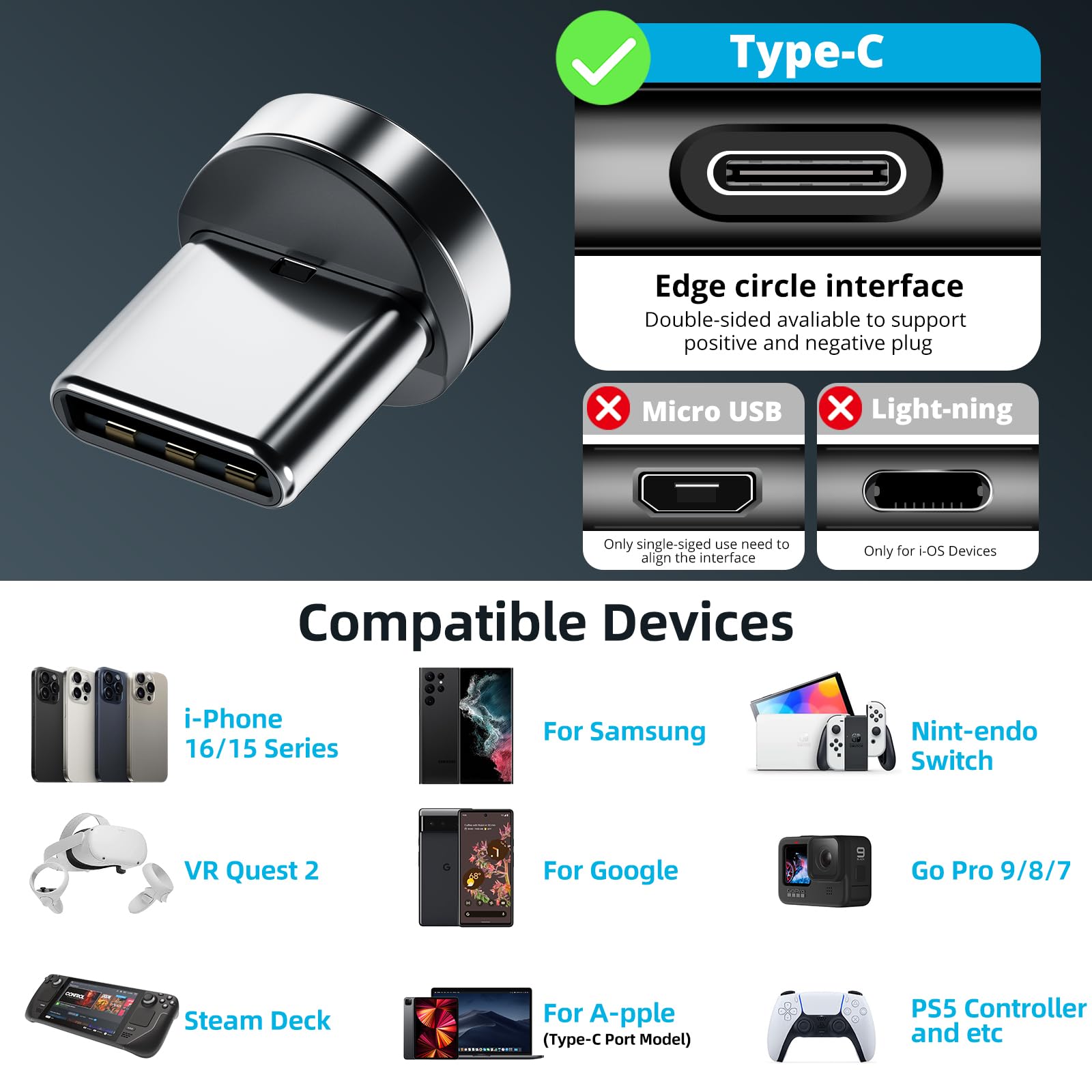 Ankndo Magnetic Connector Tip Heads [4-Pack] Usb C Magnetic Adapter Compatible With 7Pin Magnetic Charging Cable 360 Rotating St