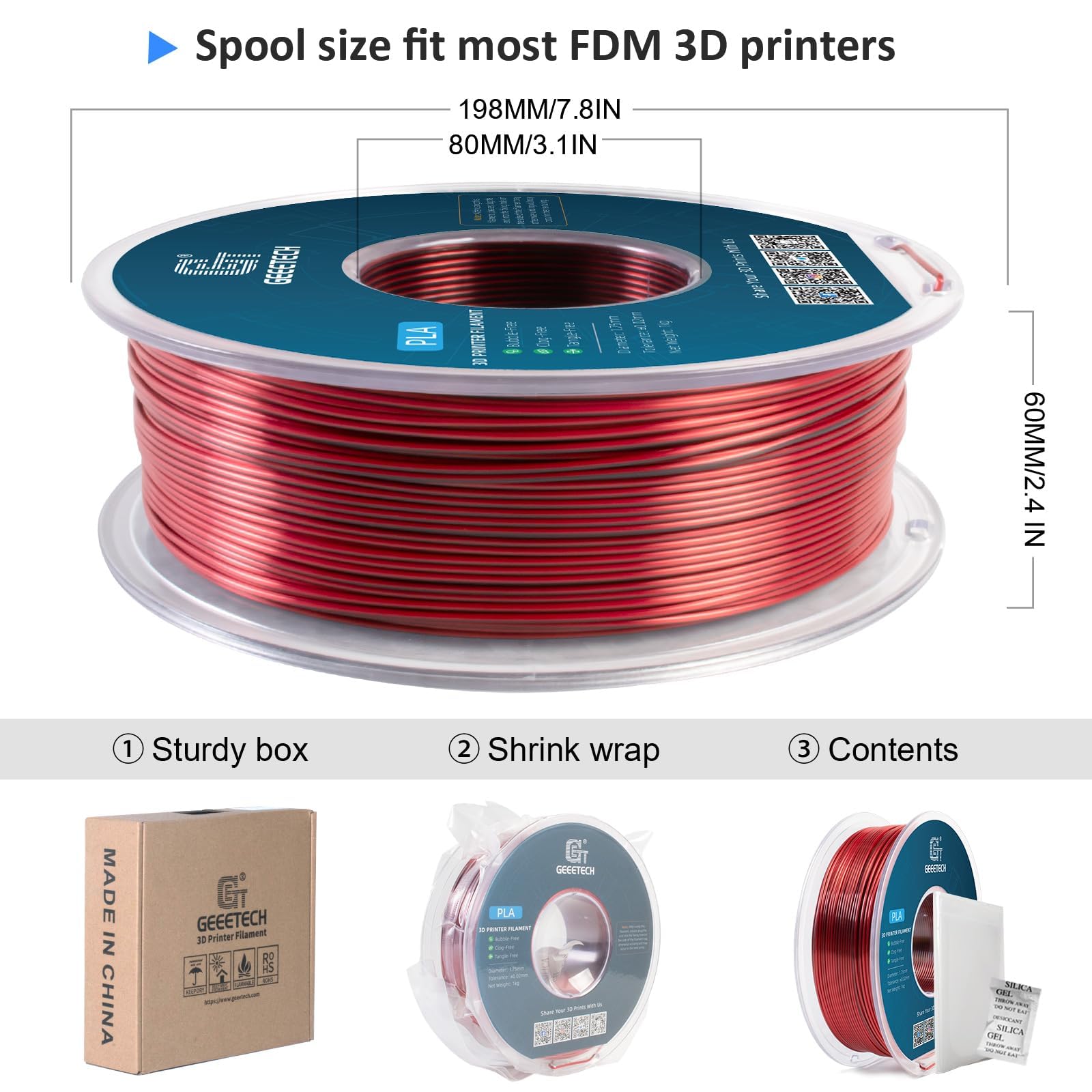 Geeetech 3D Printer Silk Pla Tri Color Filament,Metal Like Shiny Silk Filament 1.75Mm 1Kg (2.2Lbs) Spool,Dimensional Accuracy +/