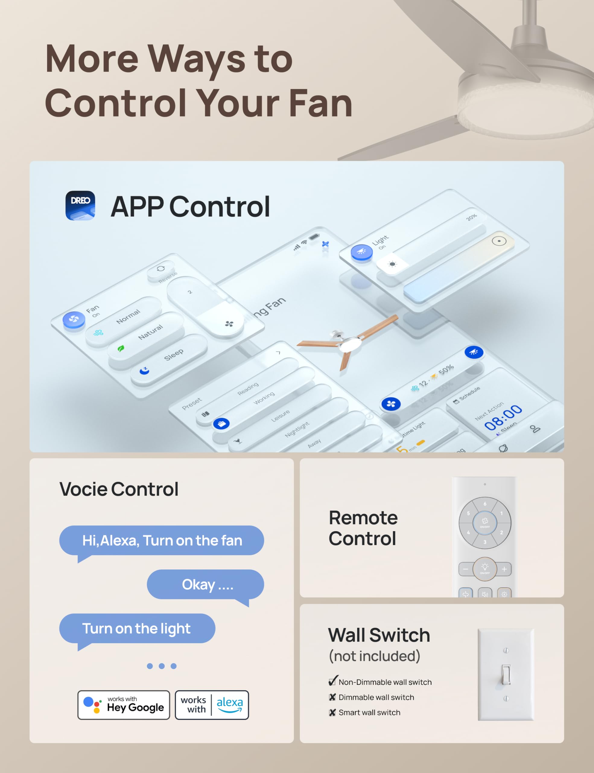 Dreo Smart Ceiling Fans With Lights, 52 Inch Grey Ceiling Fan, 12 Speeds & 3 Fan Modes, Stepless Color Tones, Dimmable Led Light