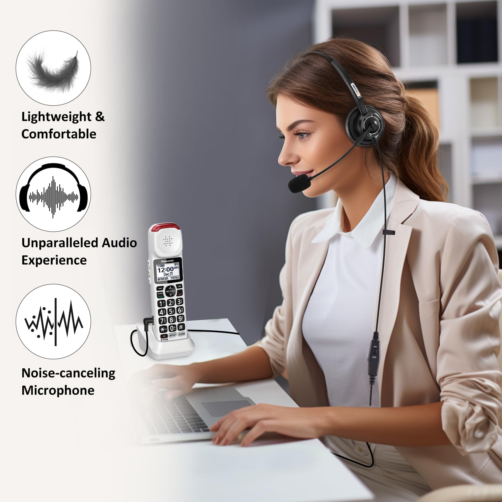 Phone Headset 2.5Mm With Noise Canceling Mic & Volume Control Ultra Comfort Telephone Headset For Panasonic Vtech At&T Uniden Gigaset Cisco Rca Grandstream Cordless Landline Office Phones