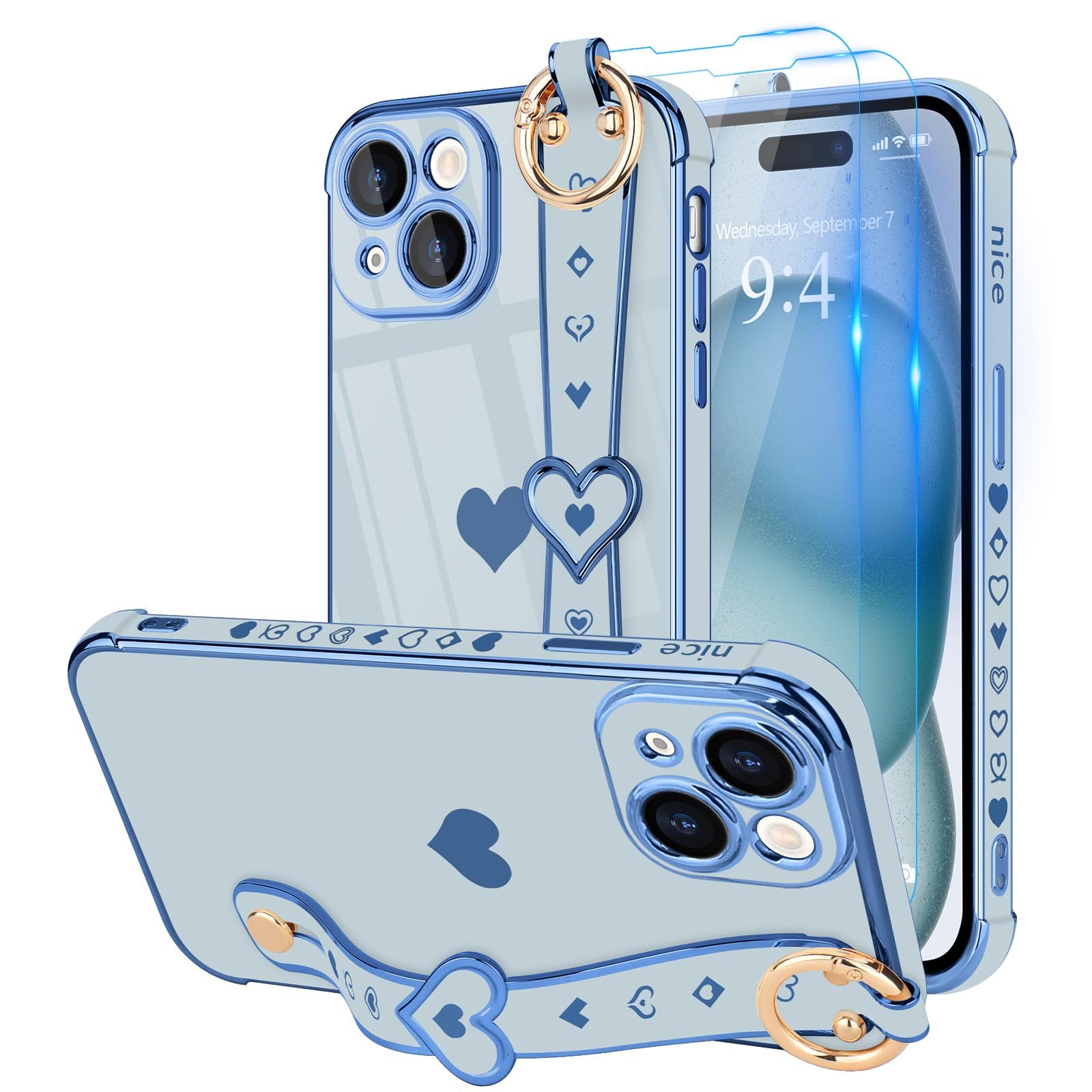 Llz.Coque For Iphone 15 Case With Strap For Women Girls [2   Screen Protectors], Cute Love Hearts Design, Wristband Kickstand Pl