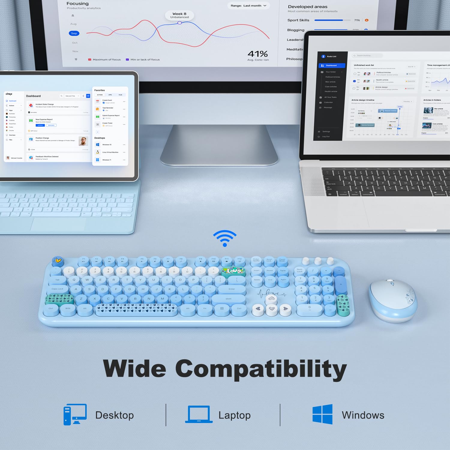 MOFII Wireless Keyboard and Mouse Combo 2.4G 104 Keys Round Keycap Full Sized Pale Blue