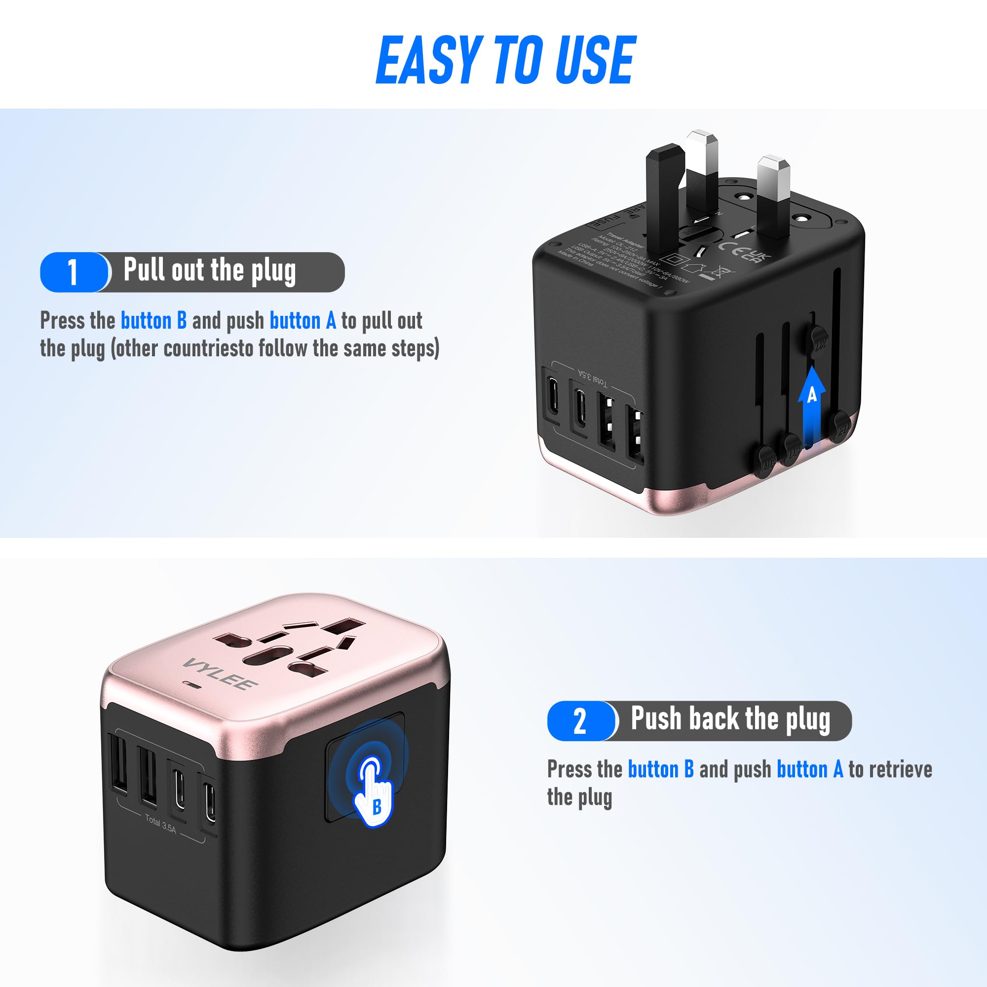 Universal International Power Travel Plug Adapter, 5 In 1 European Travel Plug Adapter W/ 3.5A 2Xusb A And 2Xusb C Wall Charger