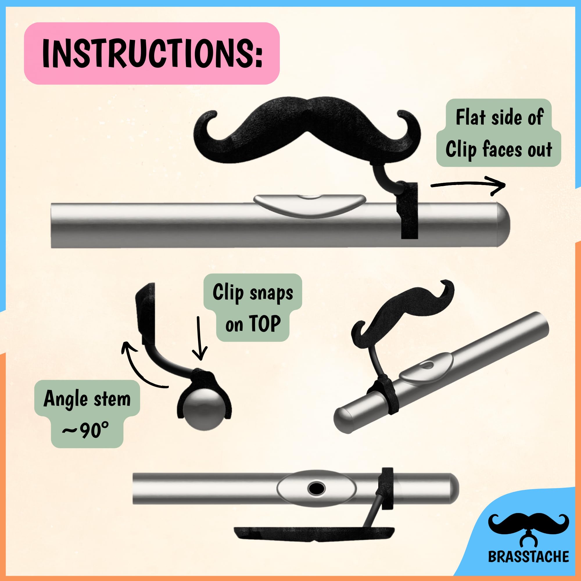 The Original Flute-Stache 2.0 - [2-Pack] Clip-On Mustache For Flute, Xl And Handlebar Combo Version, By Brasstache