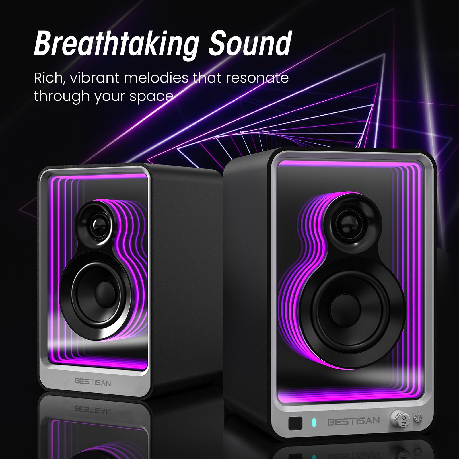 Bestisan 80 Watts Powered Bookshelf Speakers With Light Effects, 2.0 Active Near Field Audio Speaker With Arc/Optical/Rca Input/