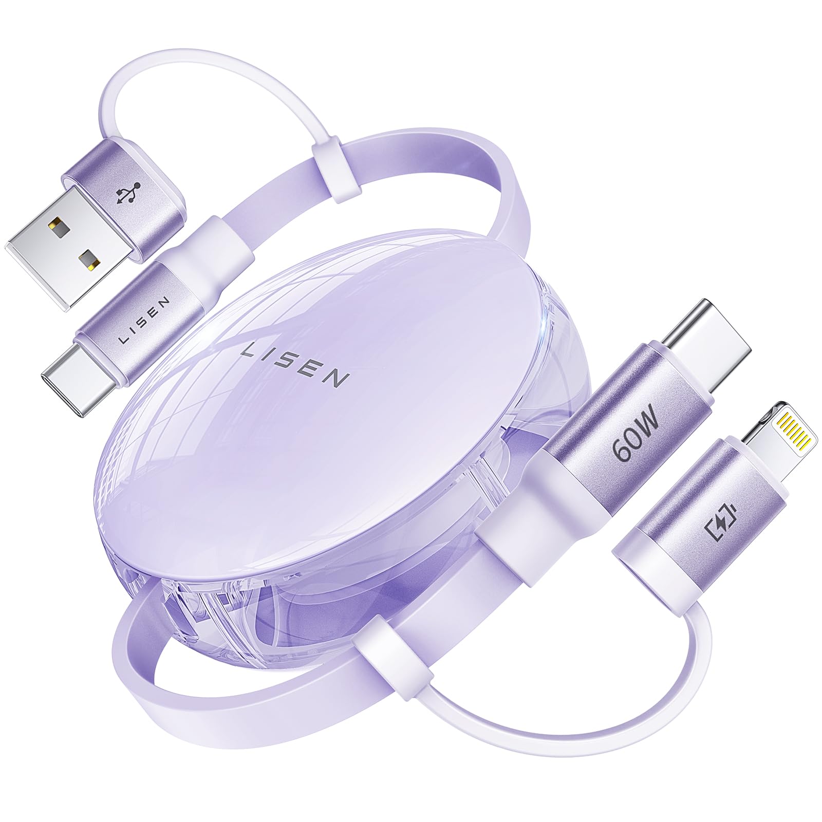 Lisen Retractable Phone Charger, 5 In 1 Multi Charging Cable For Iphone 15 Pro Max, 60W Pd Fast Retractable Car Charger Usb C Ca