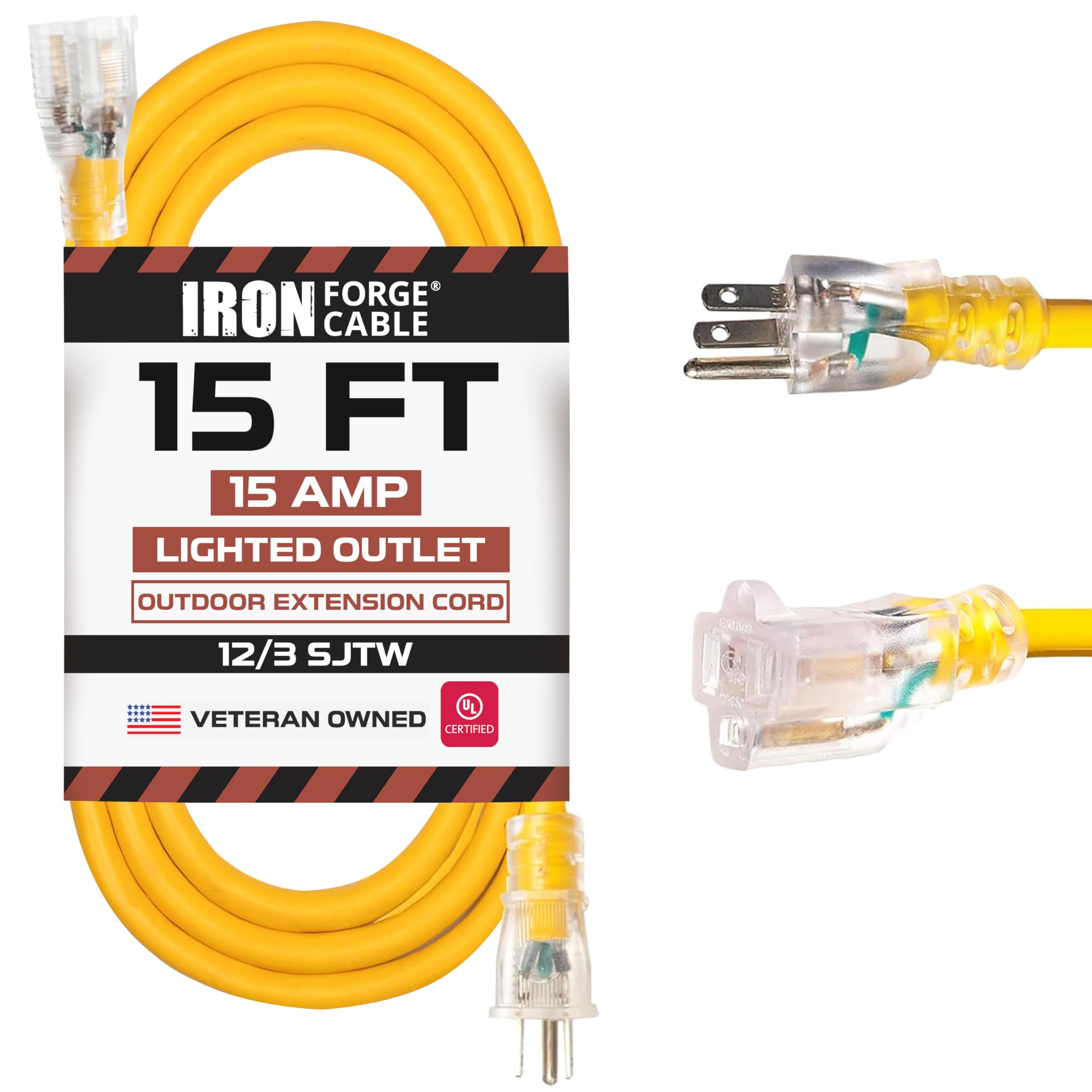 Iron Forge Cable 15 Foot Lighted Outdoor Extension Cord   12/3 Sjtw Heavy Duty Yellow Extension Cable With 3 Prong Grounded Plug