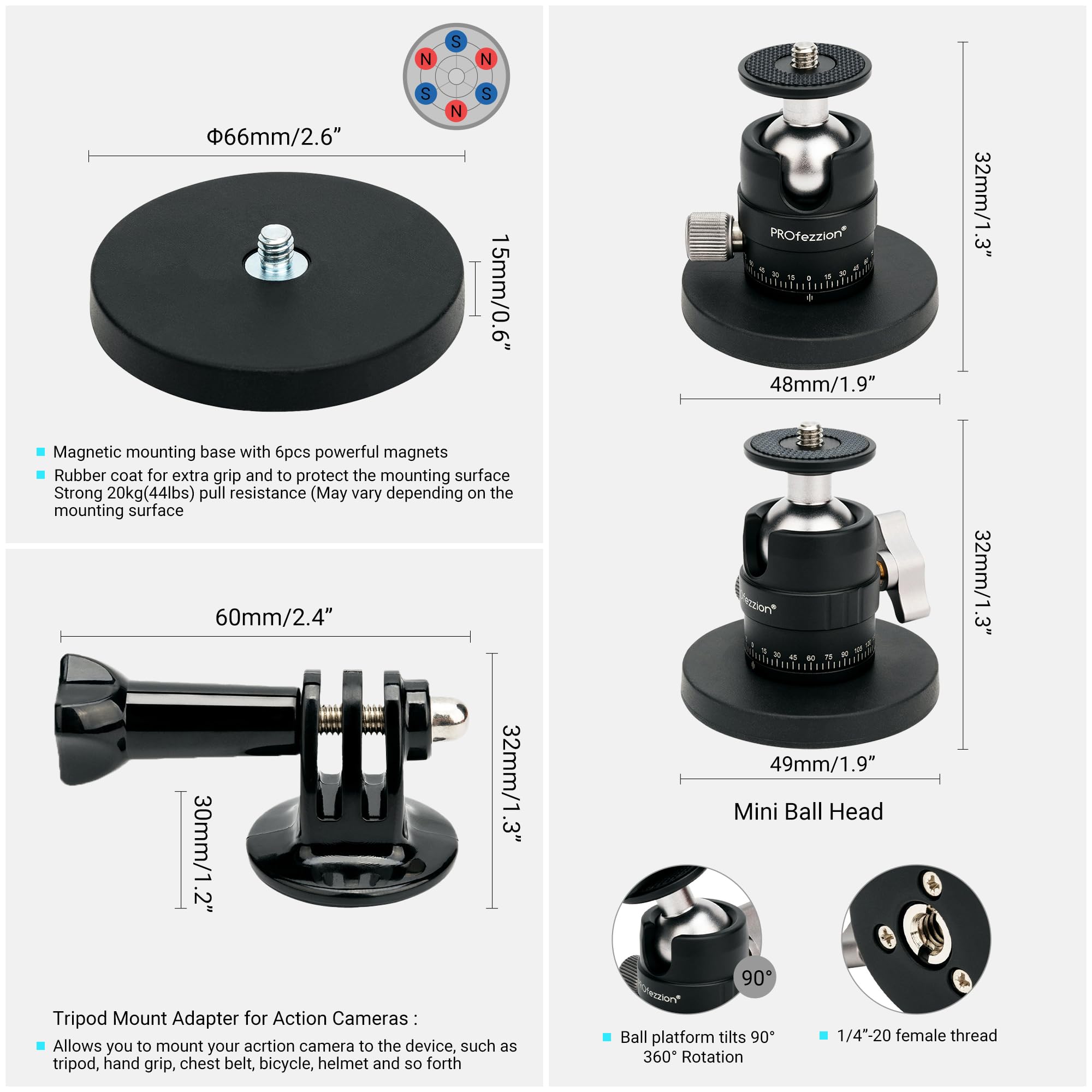 Profezzion Magnetic Mount Base Stand Kit With Deluxe Ball Head For Gopro Hero Camera, Dji Osmo Action Camera, Akaso Action Camer