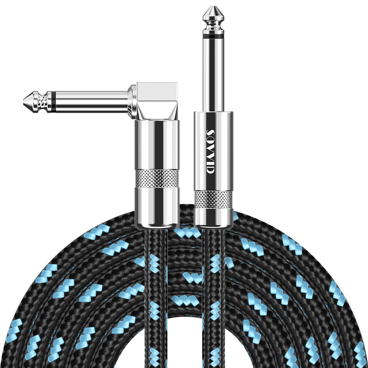 Sovvid Guitar Cable 10Ft Professional Instrument Cable Electric Guitar Amp Cord Updated Version 1/4 Ts Cable For Guitar Bass Mandolin Keyboard And Pro Audio, Right Angle To Straight (Black Blue)