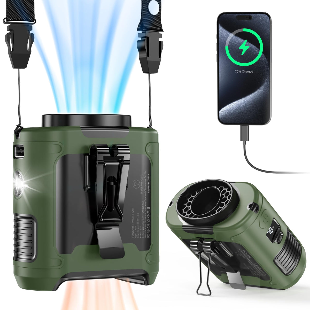 10000Mah Portable Waist Clip Fan,40H Cooling Personal Wearable Fan,5 Speeds 16000Rpm Strong Belt Fan,Rechargeable Hands Free Nec
