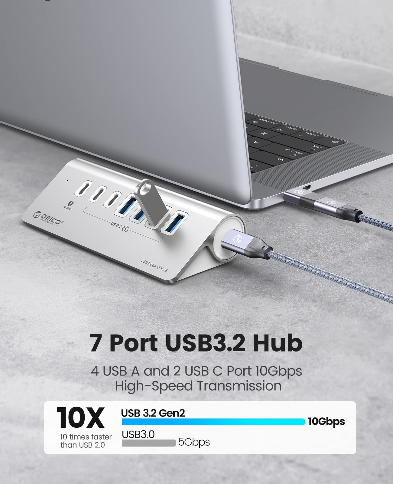 Orico Powered Usb Hub 10Gbps, 7 Ports Usb 3.2 Gen 2 Hub, 6 Usb 3.2 Data Ports, 60W Pd Charging Ports, 24V 3A Power Adapter, 1.64