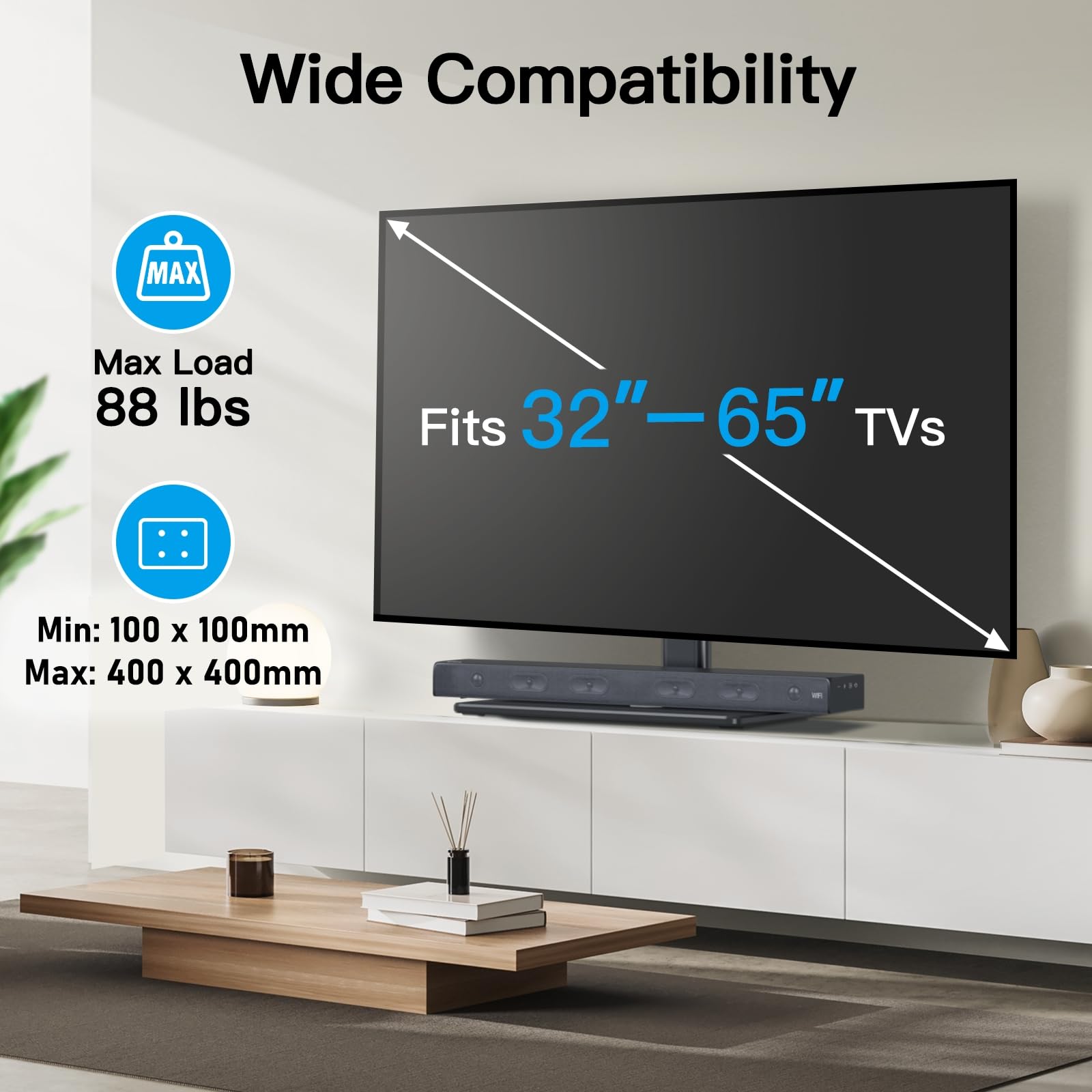 Perlesmith Universal Tv Stand Table Top Tv Base For 32 To 60,65 Inch Lcd Led Oled 4K Flat Screen Tvs Height Adjustable Tv Mount