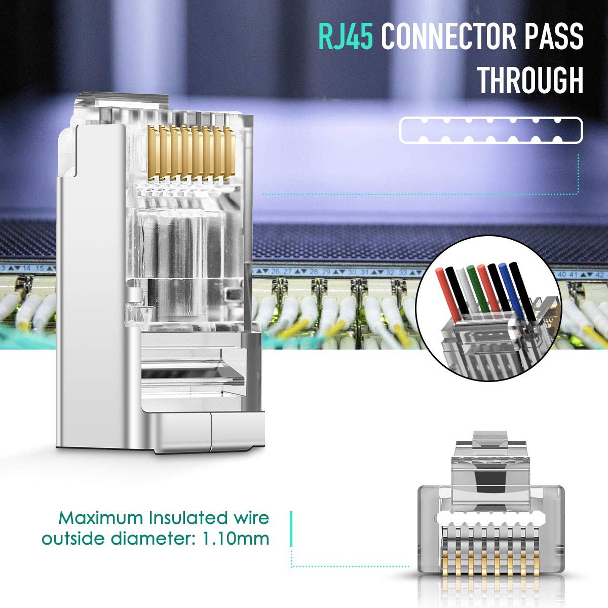 Jodroad Shielded Rj45 Cat5 Cat6 Pass Through Connectors   Pass Through Modular Plugs Gold Plated 3 Prong 8P8C Ethernet Ends For
