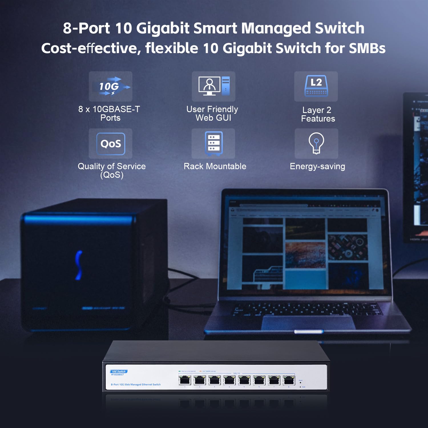 Yulinca 8 Port 10Gbps Managed Switch, Support 10G/5G/2.5G/1000M Auto Negotiation, 160Gbps Bandwidth, Support Lacp/Qos/Vlan/Igmp,